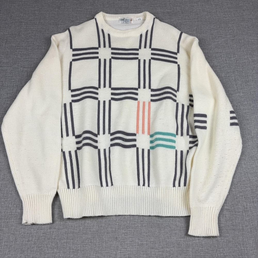IZOD Club Sweater Mens XL White Plaid Crewneck Acrylic Knit Pullover Vintage